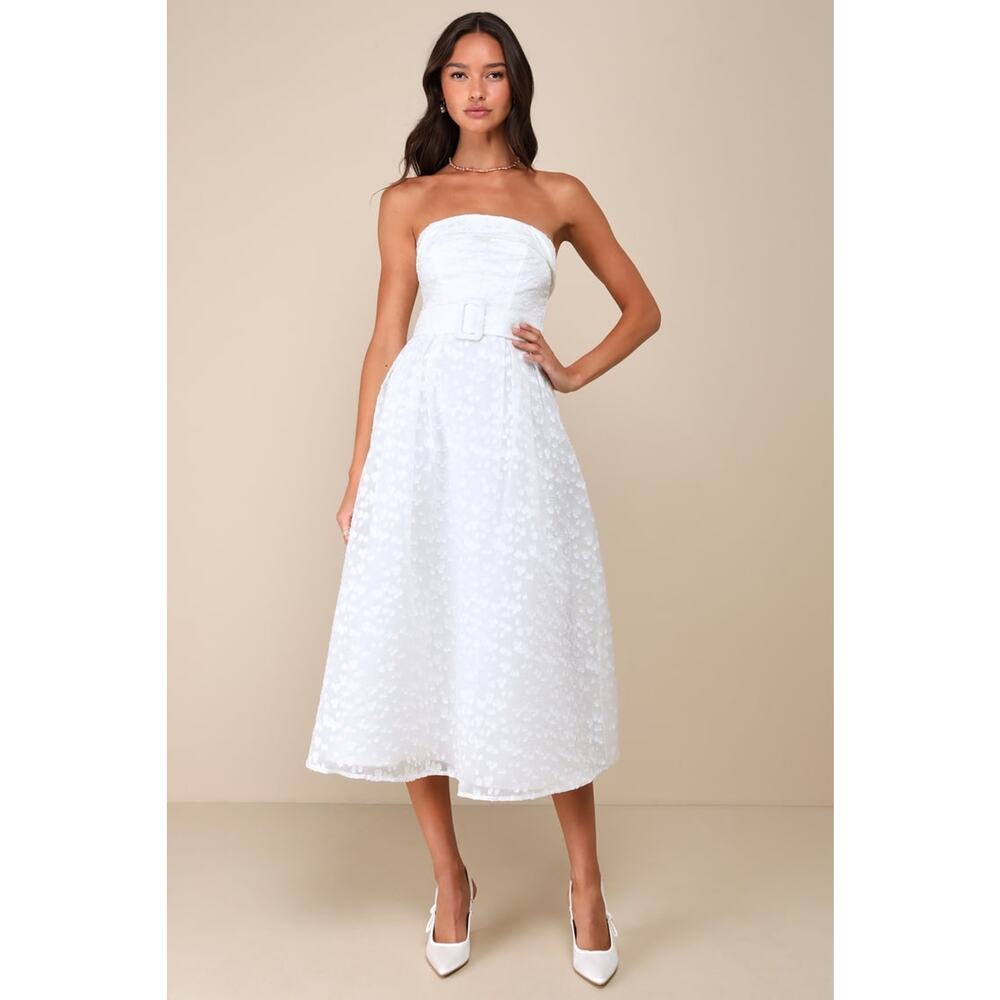 NWT Lulus Enviable Grace White Burnout Strapless Belted Midi Dress Wedding Sz L